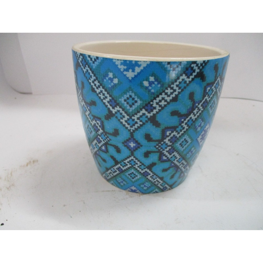 Blue Geometric Patchwork Design Ceramic Planter / Vase 6" Tall